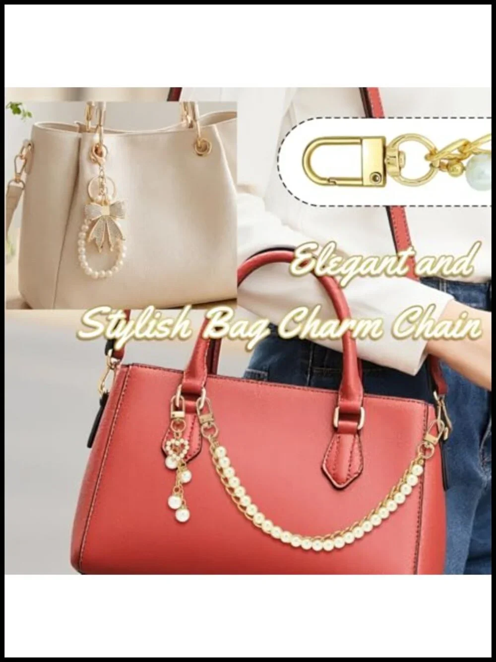 3 Pcs Leopard Pearl Bow Bag Charms Purse Straps Extender Chain Set